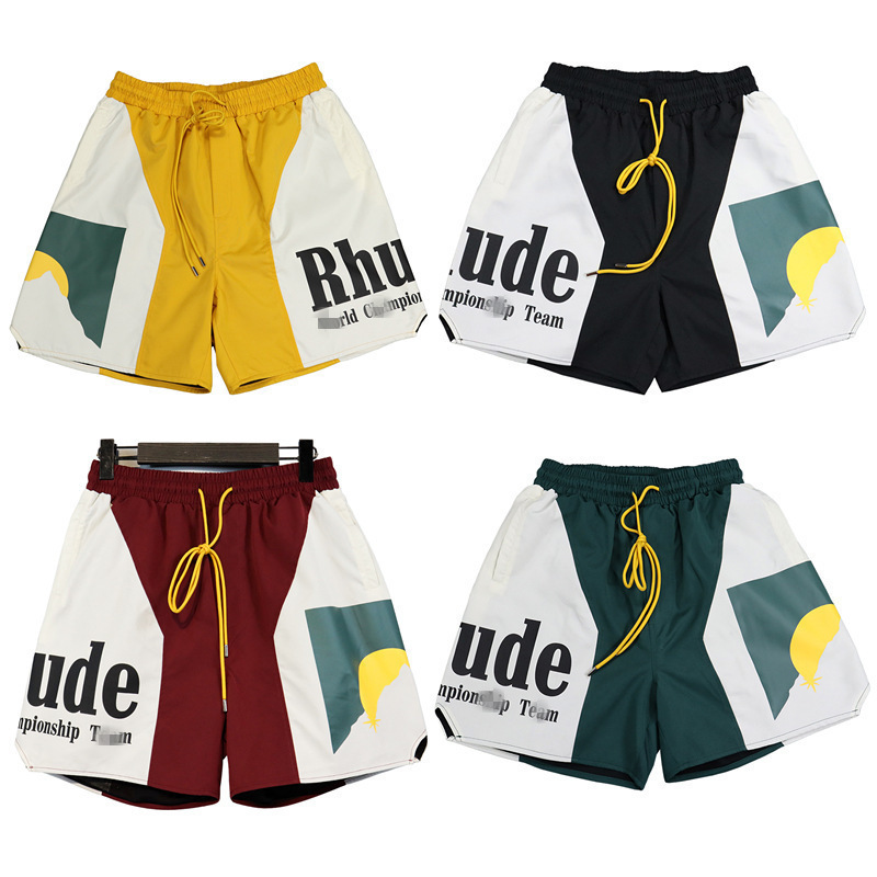Cross-Border European and American Trendy Brand Rhude Sunset Theme Color Matching Elastic Sports Casual Shorts for Men and Women High Street Beach Pants