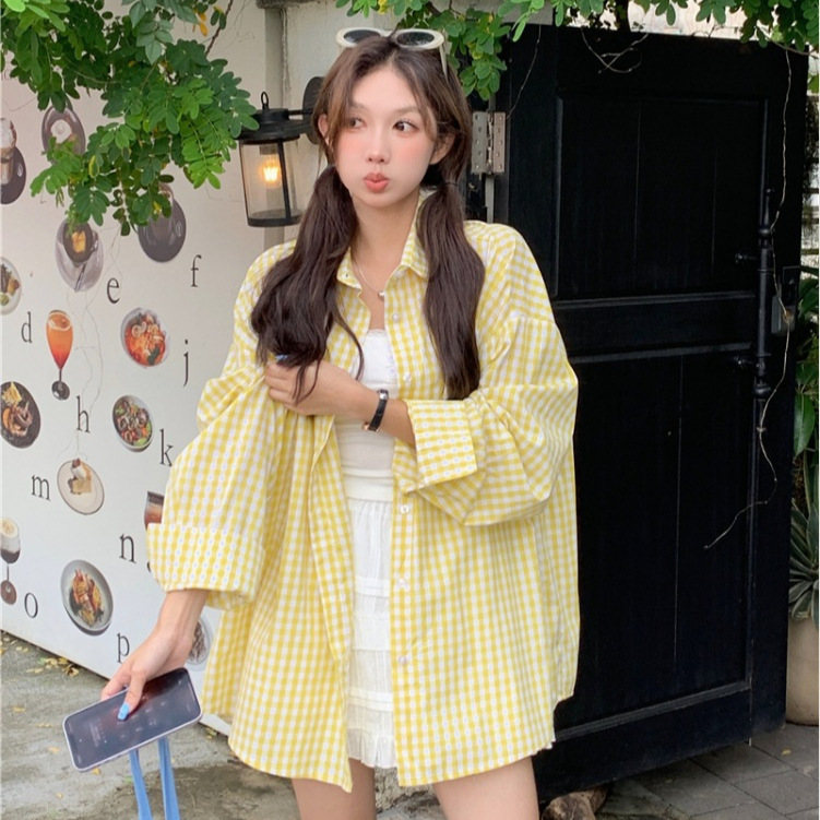 清爽多巴胺彩色系长袖格子衬衫女2024夏季宽松休闲翻领防晒衬衣