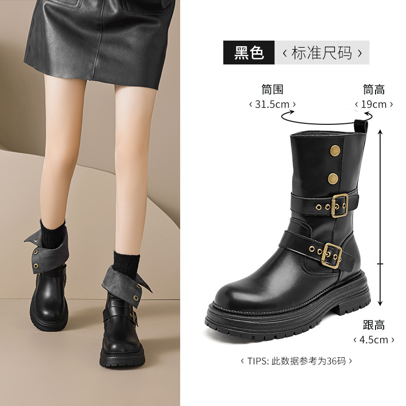 奥古狮登厚底马丁靴女2025新款秋季棕色中筒短靴复古美拉德骑士靴|undefined