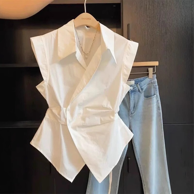 2025 Korean Style Sleeveless Waistcoat Slim-fit Slim Shirt Summer New Design Spice Girl Slim-fit Top