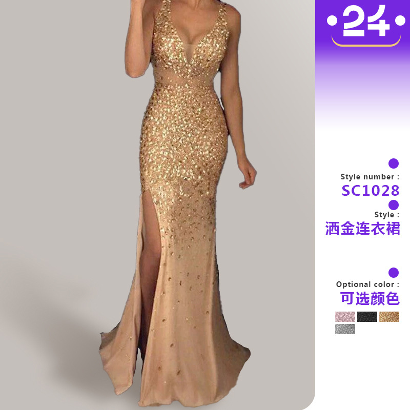 Vestido Largo de Lentejuelas con Abertura, Estilo Europeo y Americano, Primavera 2025, Ropa de Mujer, Vestido de Noche