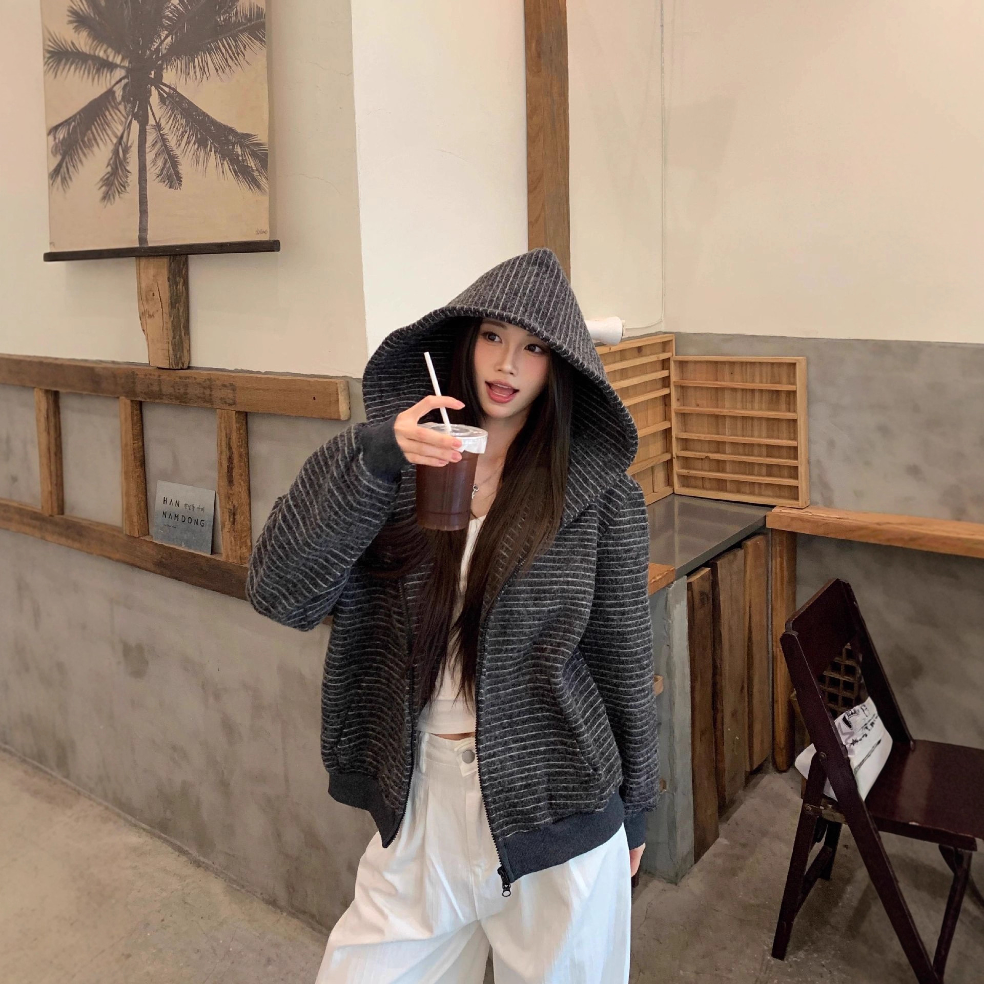 New Korean Style Stripesd Zipper Hooded Sweatshirt Jacket for Women American Retro Loose Lazy Top Hoodie Cardigan