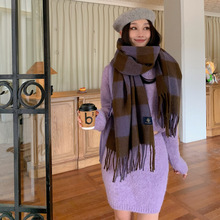 韩系拼色格子仿羊绒围巾女冬季保暖高级感百搭围脖学生时尚厚款潮