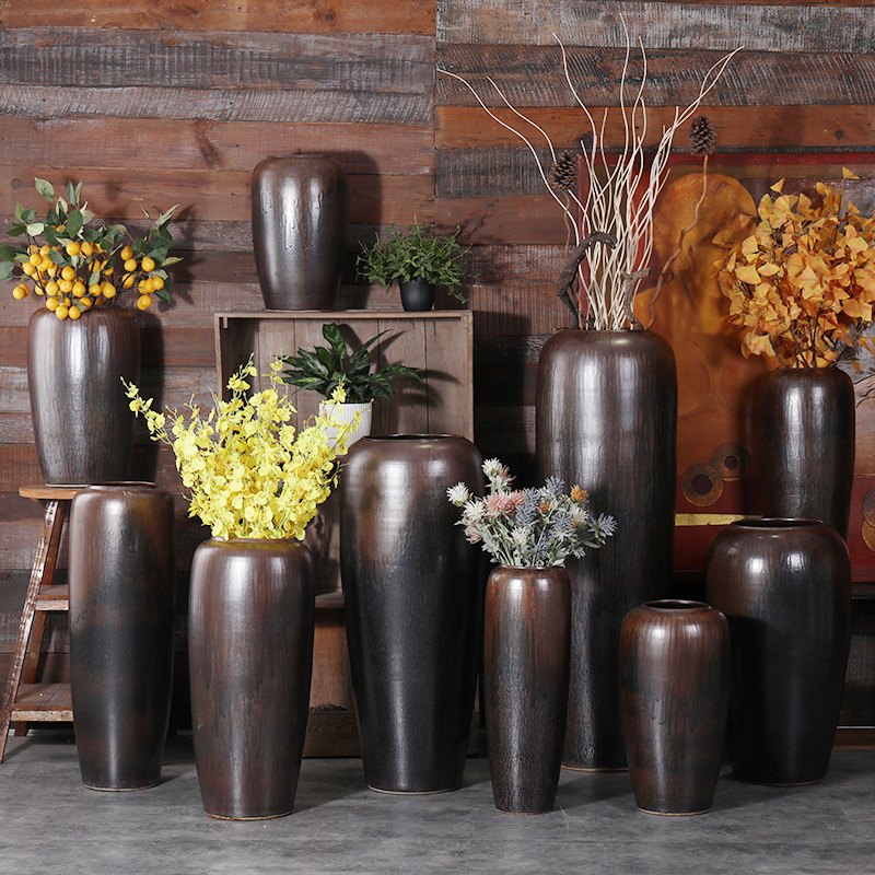 European-style Retro Creative Pottery Ceramic Floor Vase Living Room Home Soft Decorations Hotel Ornaments Flower-arranging