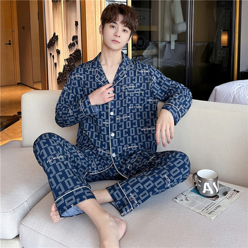 Men's Spring and Autumn Long Sleeve Cotton Silk Pajama Set with Simple and Refined Style, Thin Summer Collar Home Wear Suit
