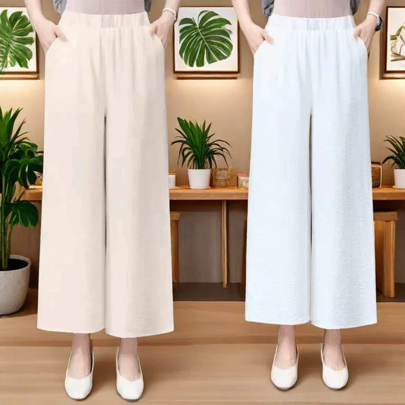 Широкие брюки из льна и хлопка Ice Silk для женщин, укороченные, лето 2025, тонкие свободные утягивающие льняные брюки с высокой талией и эластичной резинкой на талии