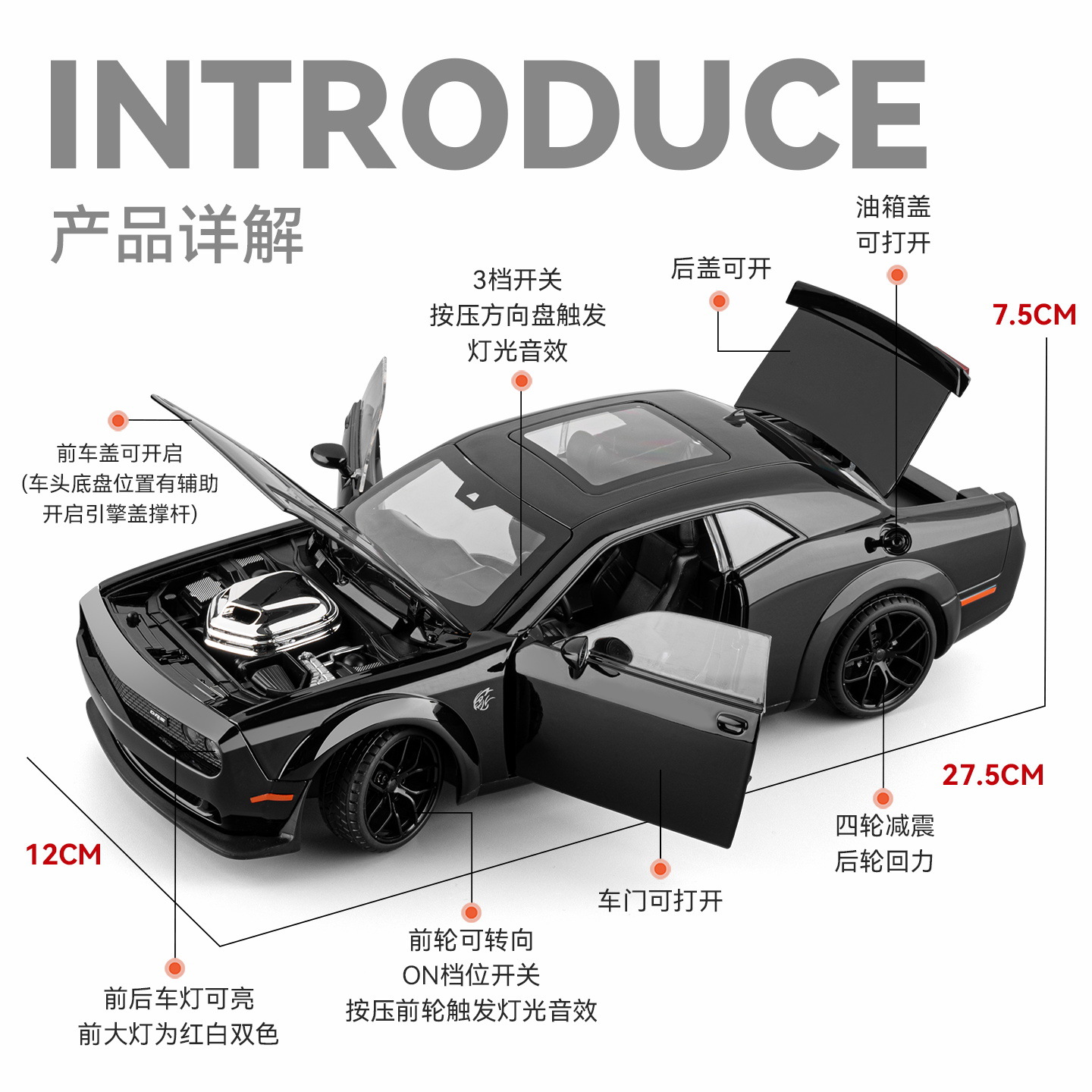 1:18 Dodge Inferno gato modelo de automóvil de aleación Echo sonido y luz dormitorio estudio decoración hermosa regalo preferido del Día del Trabajo