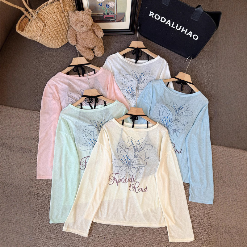 White Right Shoulder Printed Long-Sleeved T-Shirt for Women 2025 Summer New Versatile Korean Loose Sun Protection Blouse Top Ins Trend