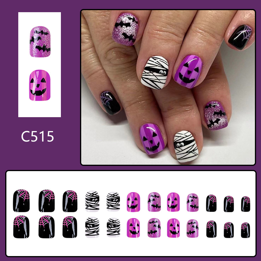 Short bright face flash Halloween grimace bat cobweb nail patch sweet cute ladies 24 pieces_voghion.com