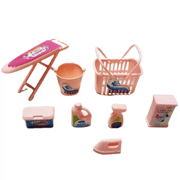 8-Piece Set of Children's Plastic Laundry Tools Miniature Toys Mini Iron Laundry Detergent Bucket Model Pretend Play Set