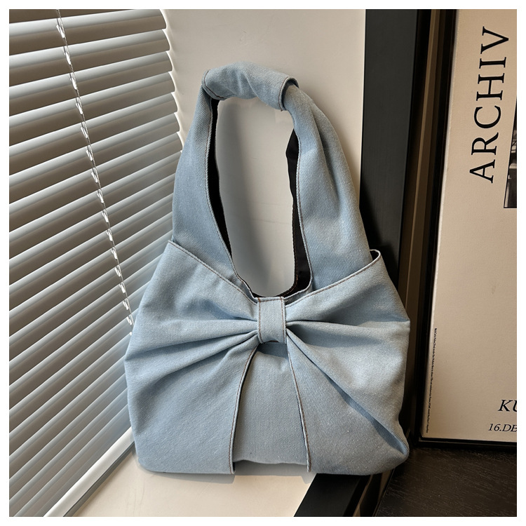 Streetwear Style Women's Large Denim Bow Knot Streetwear Sewing Thread Square Open Tote Bag