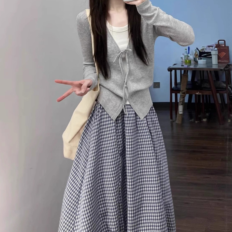温柔风套装系带长袖针织衫女装秋季2025新款显瘦半身裙长裙两件套|undefined