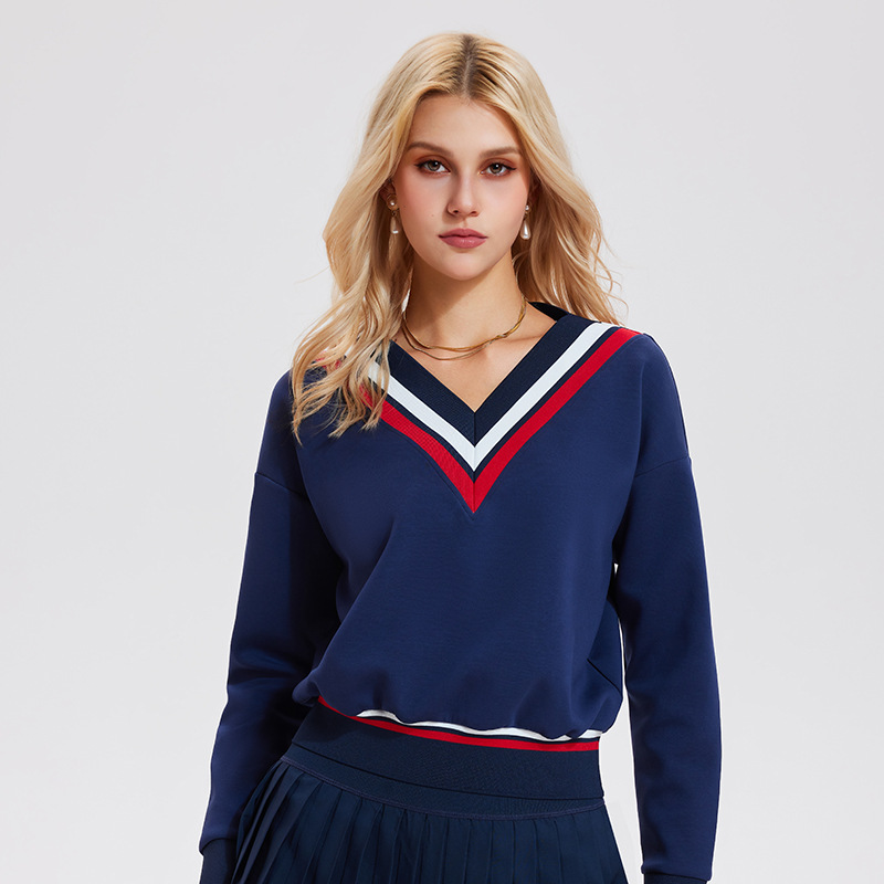 Caijue transfronterizo amazon camiseta deportiva femenina estilo americano retro relajado mangas largas de cuello en V de bádminton ropa de tenis femenina