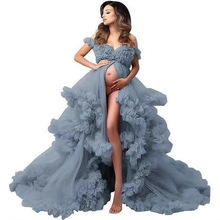 欧美跨境法式婚纱孕妇写真拍照性感网纱礼服前开叉高腰遮肚蓬蓬裙