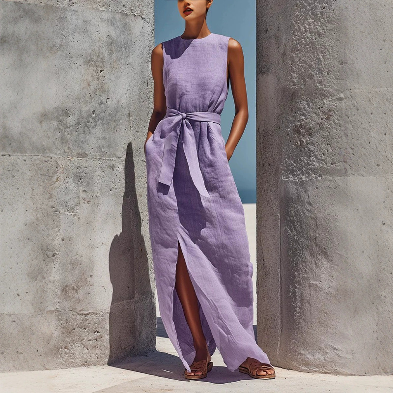 2026 New Cross-Border Style Sleeveless Round Neck Self-Tie Waist Long Dress with Side Slits 2026 New Cross-Border Style Sleeveless Round Neck Self-Tie Waist Long Dress with Side Slits