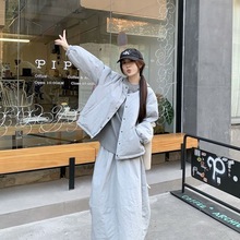 夹棉加厚长袖棉服外套卫衣女2024冬季新款半身长裙韩系时尚套装潮
