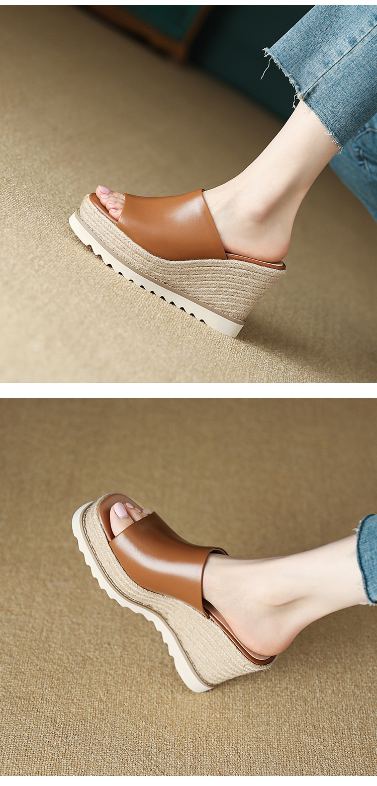 Sandal cao gót nữ hở mũi đế xuồng đan rơm phong cách La Mã — màu nâu, màu trắng ngà chi tiết 5