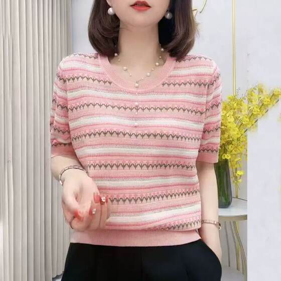 2025 Summer Women's New Women's Short-sleeved Shirt Belly Covering T-shirt Top Stylisness Age-reducing Slim Sweater