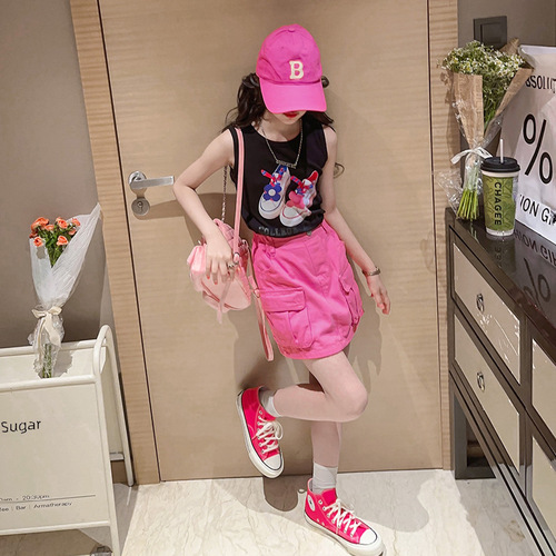Fashionable sleeveless top set for girls  summer new styles, medium and large children's stylish work semi-skirt two-piece set