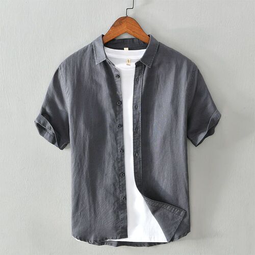 Men's Summer Loose Linen Cotton Casual Short Sleeve Shirts, Japanese Style, Fresh and Basic, Youthful and Literary