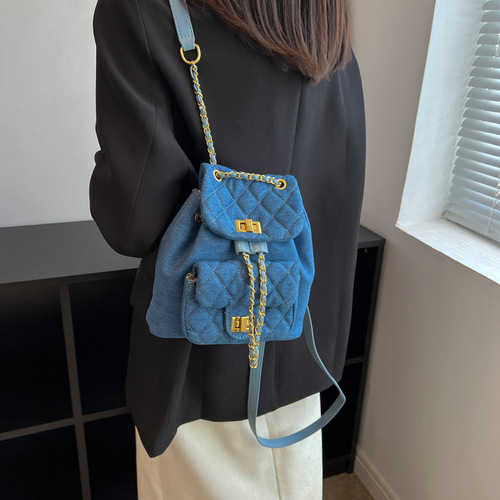 Denim Backpack Women's  New Fashion Versatile Diamond Backpack Summer Casual Travel Backpack