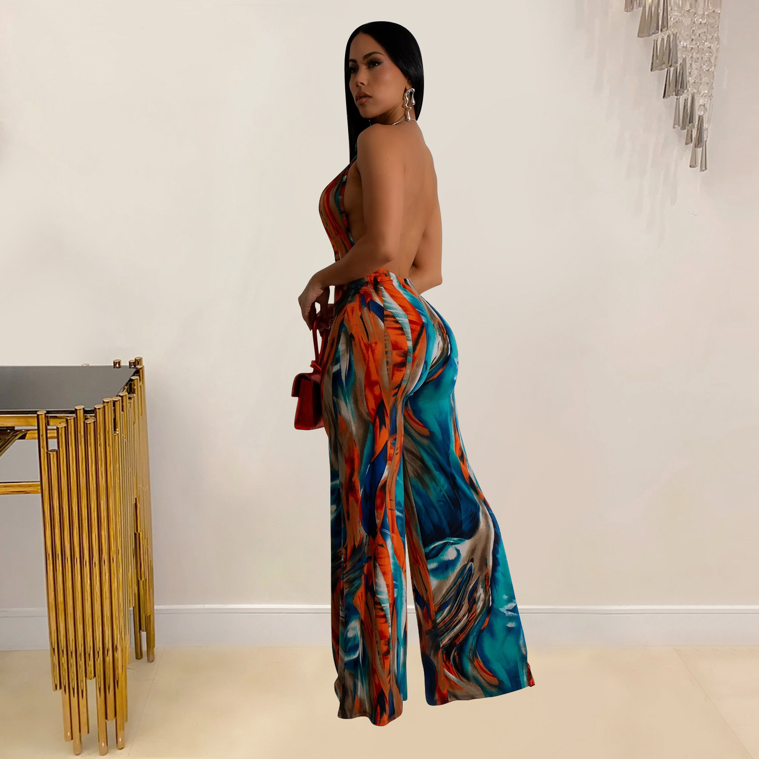Women Wear Print Sleeveless Deep V Plunge Color Block Backless Long Conjoined Trousers