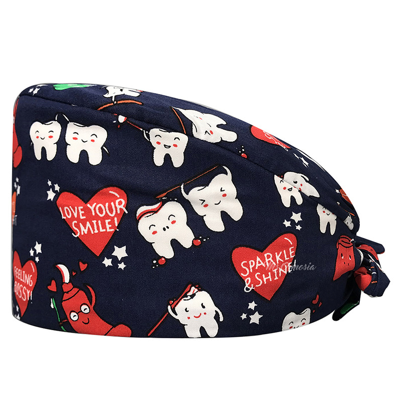Gorro de Médico de Algodón Puro Estampado para Comercio Exterior, con Correa Ajustable con Botones, Absorbente de Sudor, Gorro de Dibujos Animados para Estudio, Gorro de Enfermera de UCI