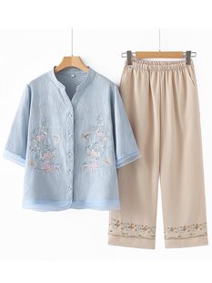 Mom's Summer Suit, Middle-Aged and Elderly Women's Fashionable Cotton and Linen Embroidered Shirt Tops, Women's Summer Clothes