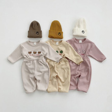 韩版ins秋季新款童装华夫格小熊小兔子卡通长裤男女儿童长袖套装