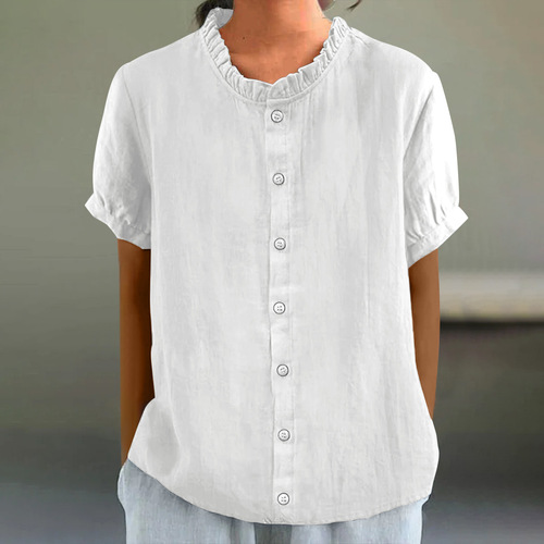 Summer Collar-Neck Button-Decorated Floral Pure Color Short-Sleeve T-Shirt Top for Women