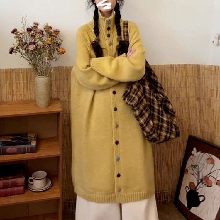 韩系中长款高领针织连衣裙子女秋冬新款宽松慵懒风感毛衣长裙