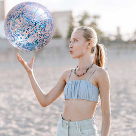 跨境现货沙滩球 PVC充气汽球水球亮片球多色亮片拍拍球沙滩玩具球