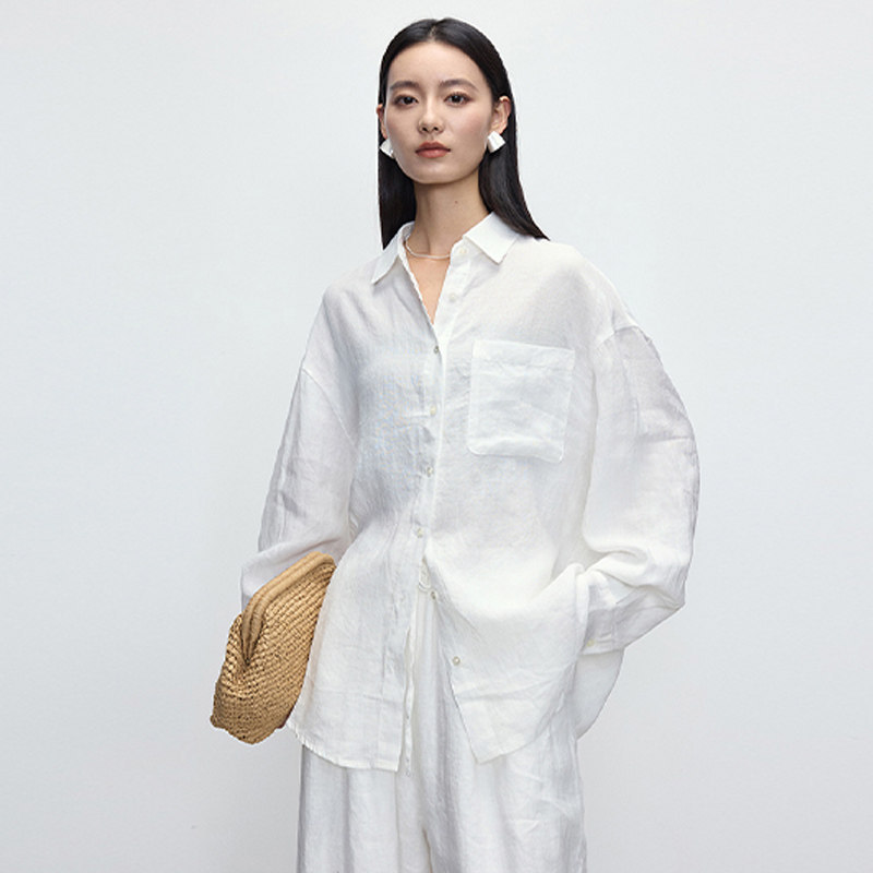 [Qiao Mi] 100% Imported Linen White Women's Shirt, Relaxed and High-End Feel, Loose Long-Sleeve Shirt, Spring Top