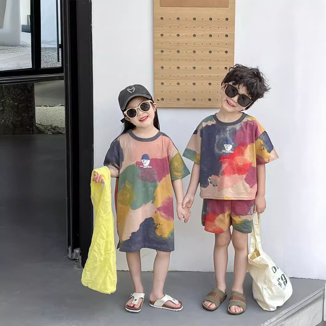 Sister and Brother Children's Set 2024 Summer Outfit for Girls Letter Doodle Stylish Dress and Boys Short Sleeve T-Shirt and Short Shorts