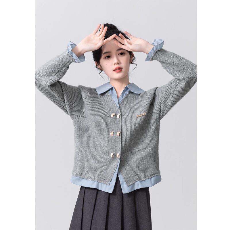 Fake Two-Piece Polo Collar Sweater for Women, Spring and Autumn 2026 New Style, College Style Patchwork Knitted Cardigan Jacket, Short Top Fake Two-Piece Polo Collar Sweater for Women, Spring and Autumn 2026 New Style, College Style Patchwork Knitted Cardigan Jacket, Short Top