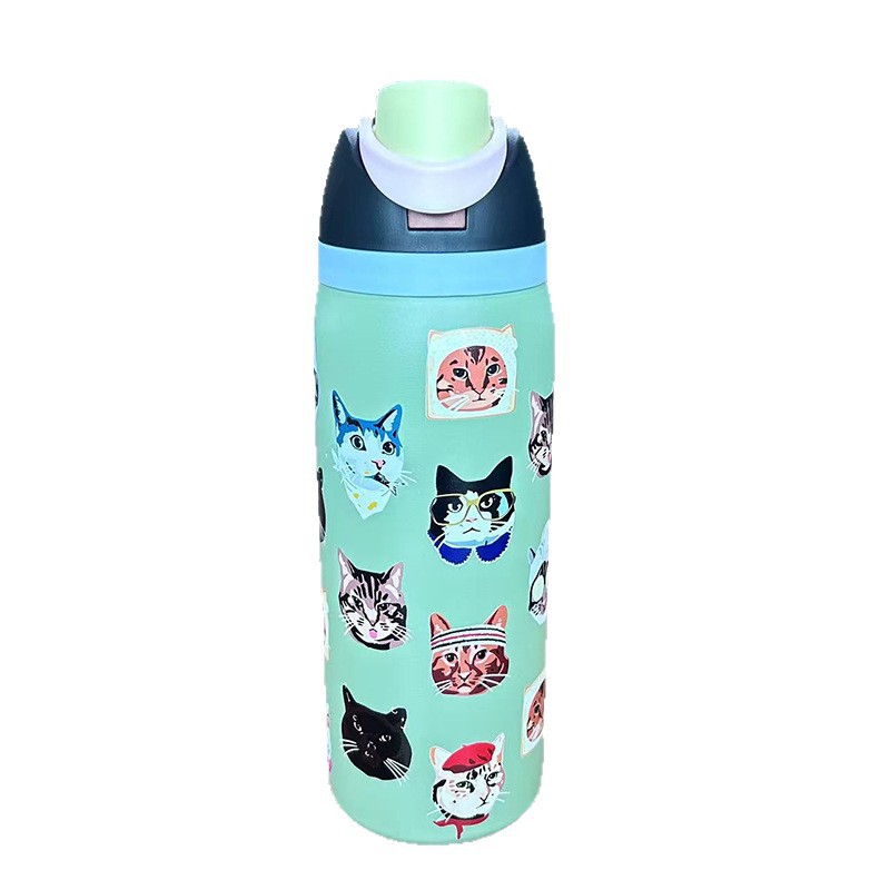 Nuevo termo de acero inoxidable 304 transfronterizo, taza de agua con pajita de doble bebida de dibujos animados, taza de fruta portátil con manija de gran capacidad