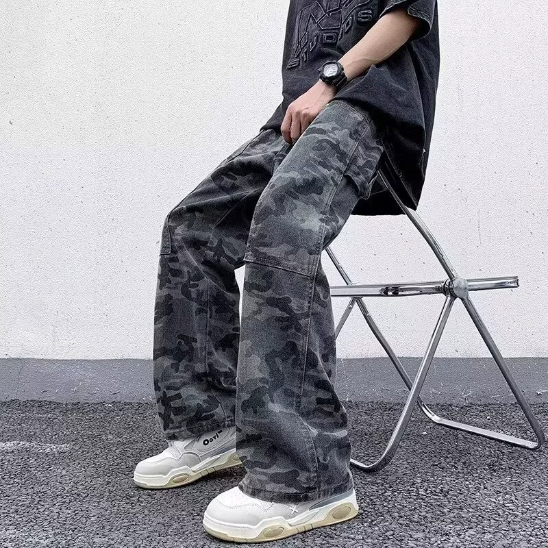 Мужские camouflage длинные брюки для отдыха, плюс сайз, оверсайз, свободный прямой крой