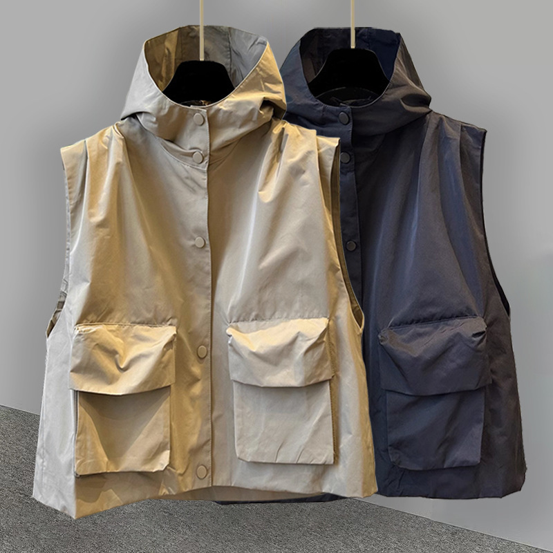 Solid Color Cardigan Hooded Outer Vest Jacket Spring and Autumn Trendy Workwear Three-Dimensional Pocket Design Jacket for Men and Women Solid Color Cardigan Hooded Outer Vest Jacket Spring and Autumn Trendy Workwear Three-Dimensional Pocket Design Jacket for Men and Women