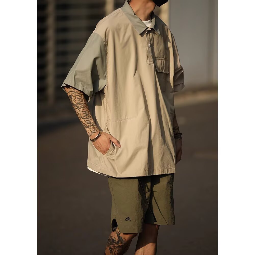 Verano japonés herramientas retro bolsillo polo collar suelto pareja de moda camisa de manga corta