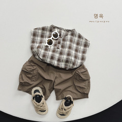 網紅格~日韓兒童無袖格子背心2024夏季男女寶寶純棉個性韓版上衣