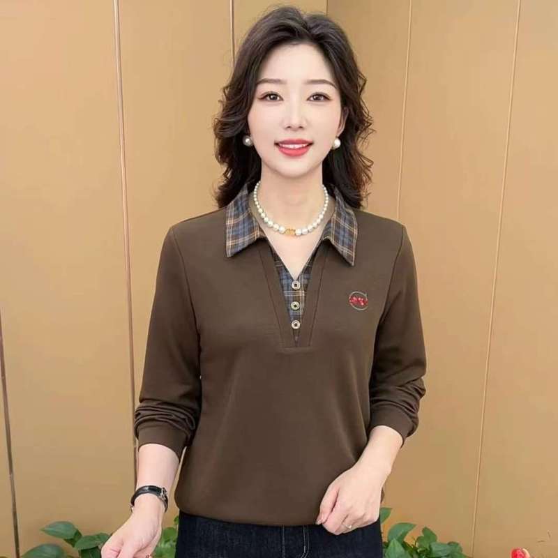 秋季新款妈妈长袖T恤洋气格子假两件翻领气质打底小衫女百搭上衣|undefined