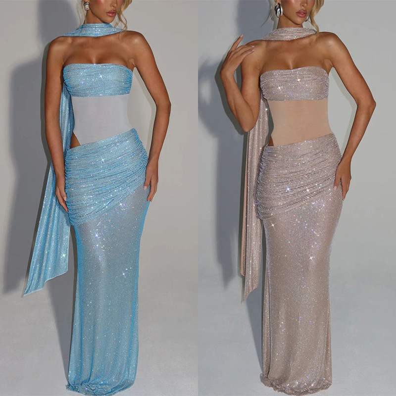 Cross-Border Amazon Independent Station European and American Clothing Dress Sequin Ribbon Sleeveless Tube Top Banquet Dress for Women 8186 Cross-Border Amazon Independent Station European and American Clothing Dress Sequin Ribbon Sleeveless Tube Top Banquet Dress for Women 8186