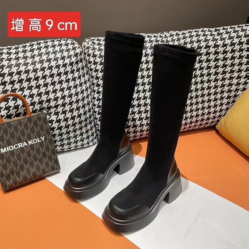 Women's 9cm Hidden Heel Elastic Boots, New Autumn and Winter Thick-Soled Long Boots, Casual Versatile Super Popular Slim Boots, Martin Boots