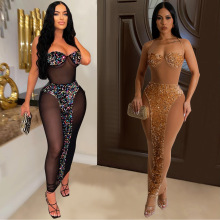 C6747跨境速卖通亚马逊欧美时尚女装纯色性感抹胸透视珠片连衣裙