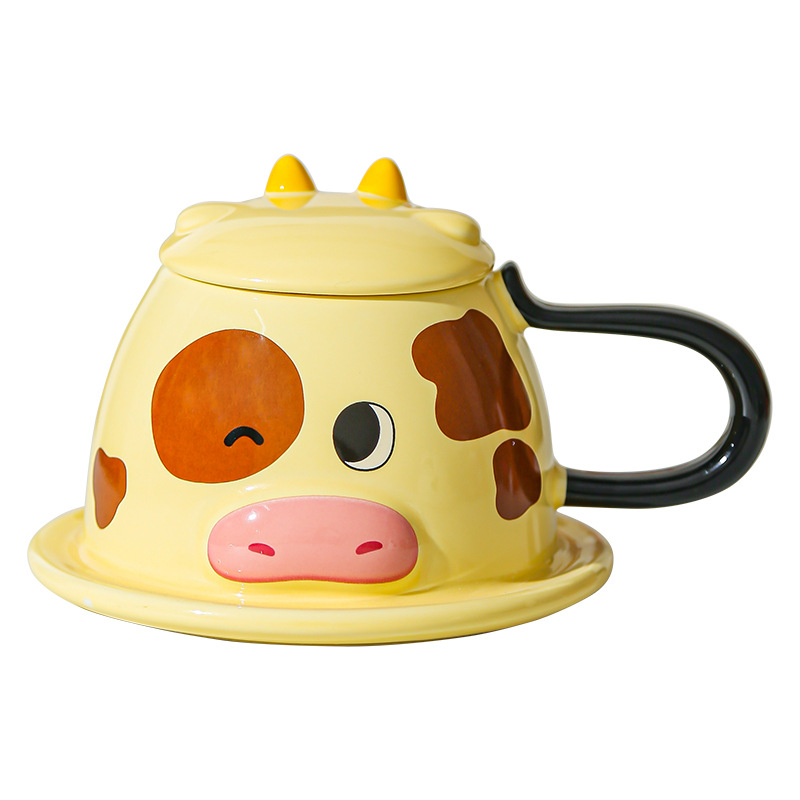 Creativo encantador dibujos animados tridimensionales vaca pareja taza de cerámica taza de agua con cubierta muñeca taza de cafetera taza de café