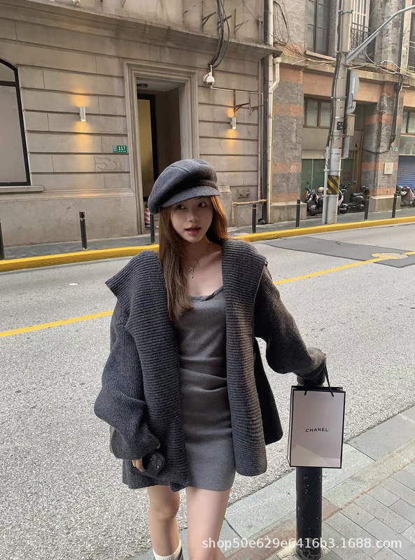 廓形连帽加厚口袋大码针织开衫女秋冬新款韩系设计感小众毛衣外套|undefined