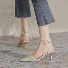 121法式高跟鞋女2023夏季新款ins甜美風珍珠顯白細跟尖頭時尚單鞋