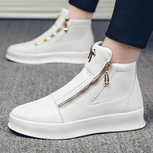 潮流男鞋夏季2024新款皮面透气高帮鞋厚底白色休闲鞋男高帮板鞋