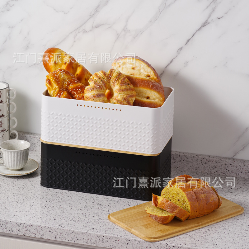 Cross-Border Spot Bread Box Box Kitchen Storage Jar Bucket Household Square Bread Box Metal Breathable Fresh-Keeping Bamboo Lid