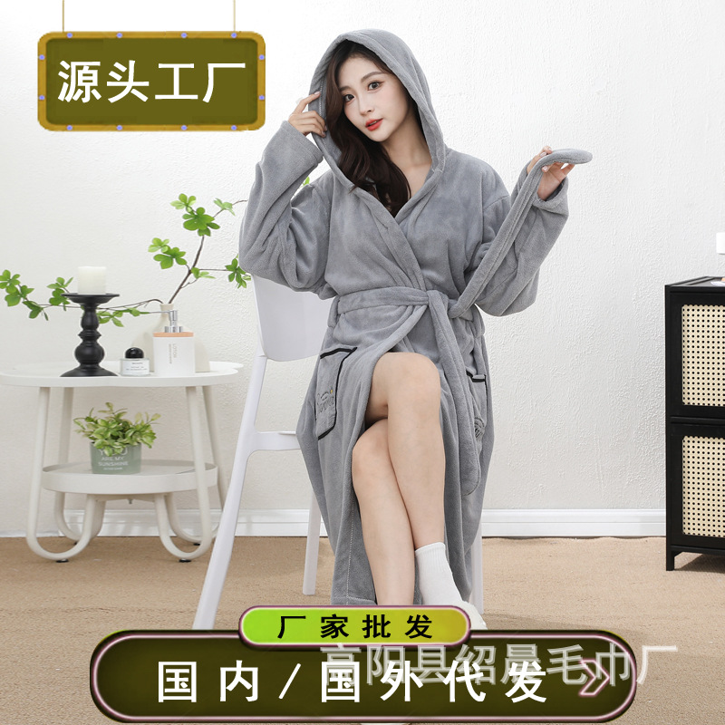 Bathrobe Wearable Wrap Bath Towel Couple Coral Velvet Water-Absorbent Quick-Drying Long Bathrobe Nightgown Hooded Can Be Labeled for Delivery